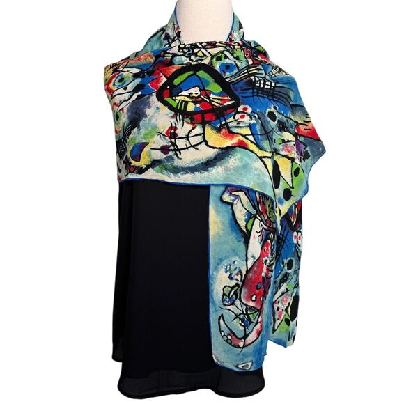 Kandinsky art print 100% silk rolled edge scarf wrap red blue black 16 x 60" - Picture 5 of 8